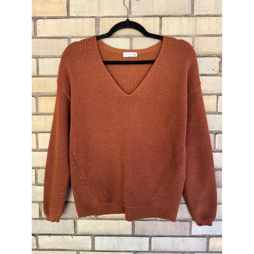 Gentle Fawn Burnt Orange V-Neck Ribbed Knit Sweater Size Small